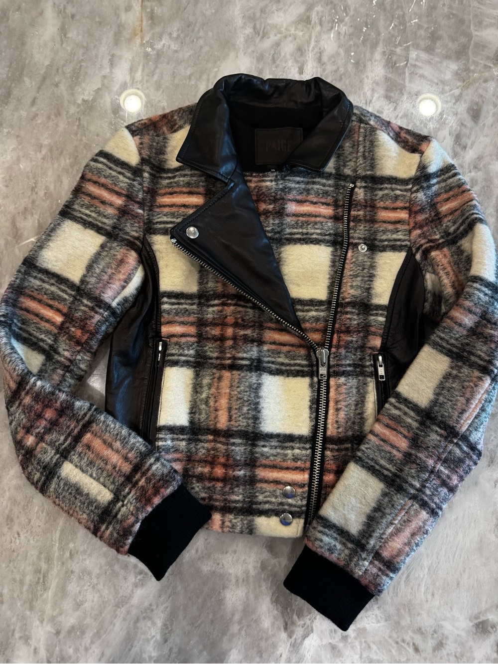 PAIGE Plaid Wool Bomber Jacket in Cream, Black & Pink
